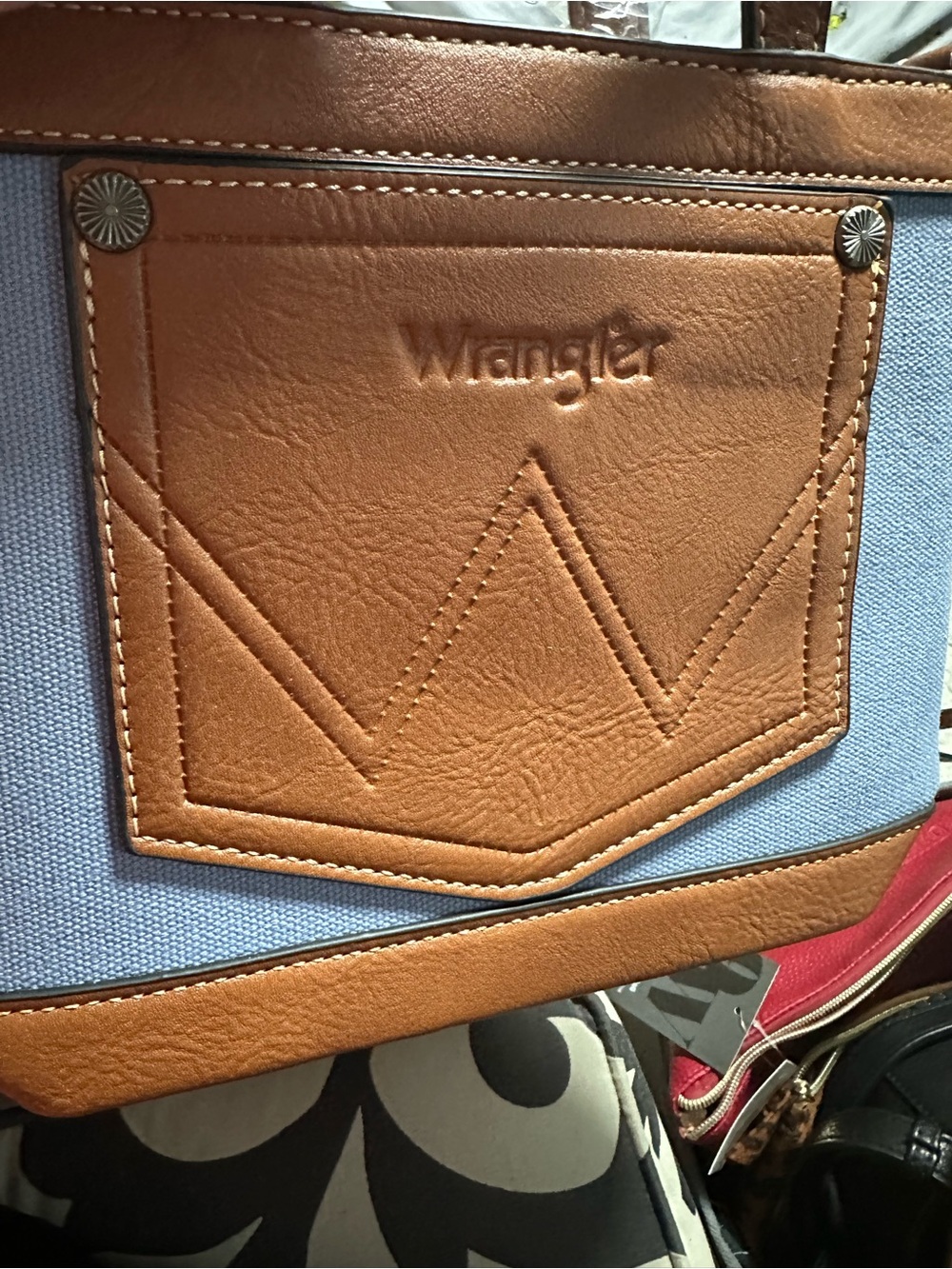Wrangler Light Blue Canvas Mini Tote with Brown Trim and White Logo - Picture 9 of 10